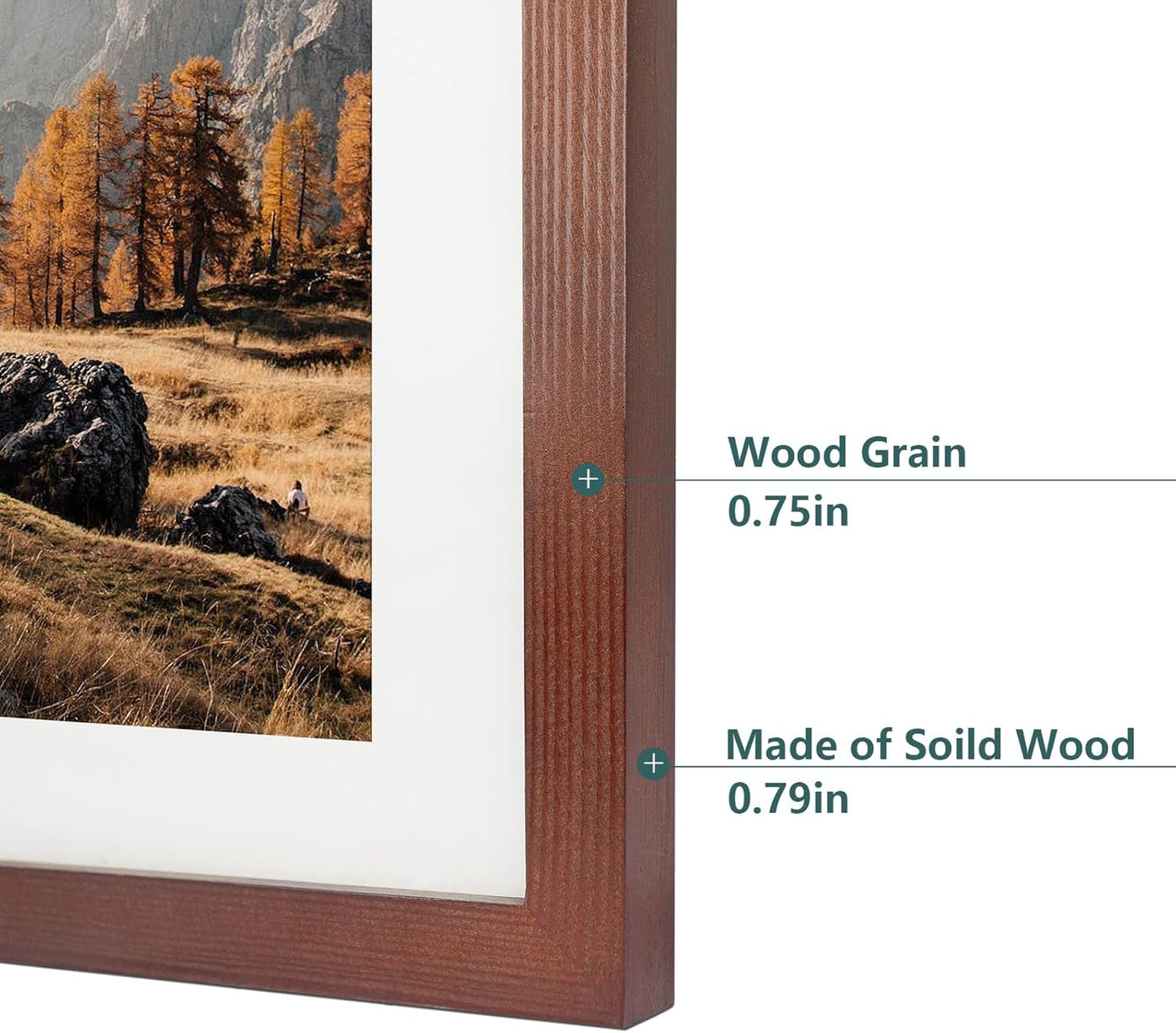 Wooden picture frame with a scenic landscape print, showing wood grain and thickness details.