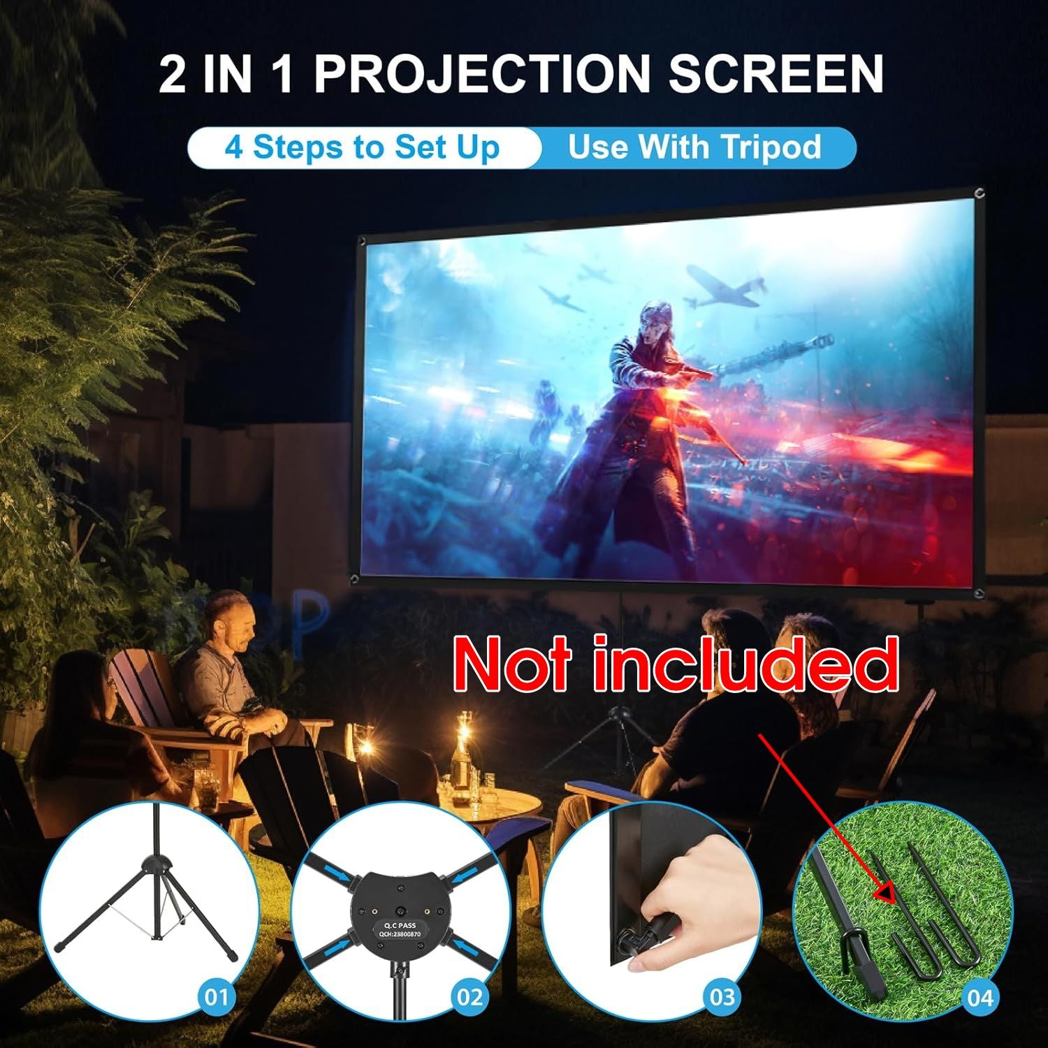 100'' ALR Projector Screen with Stand, 16:9, Portable Easy Setup, Outdoor & Home