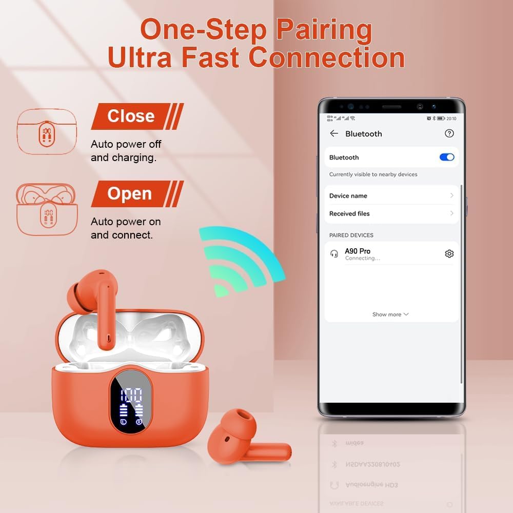 Orange wireless earbuds with charging case and smartphone showing Bluetooth connection on a light pink background.