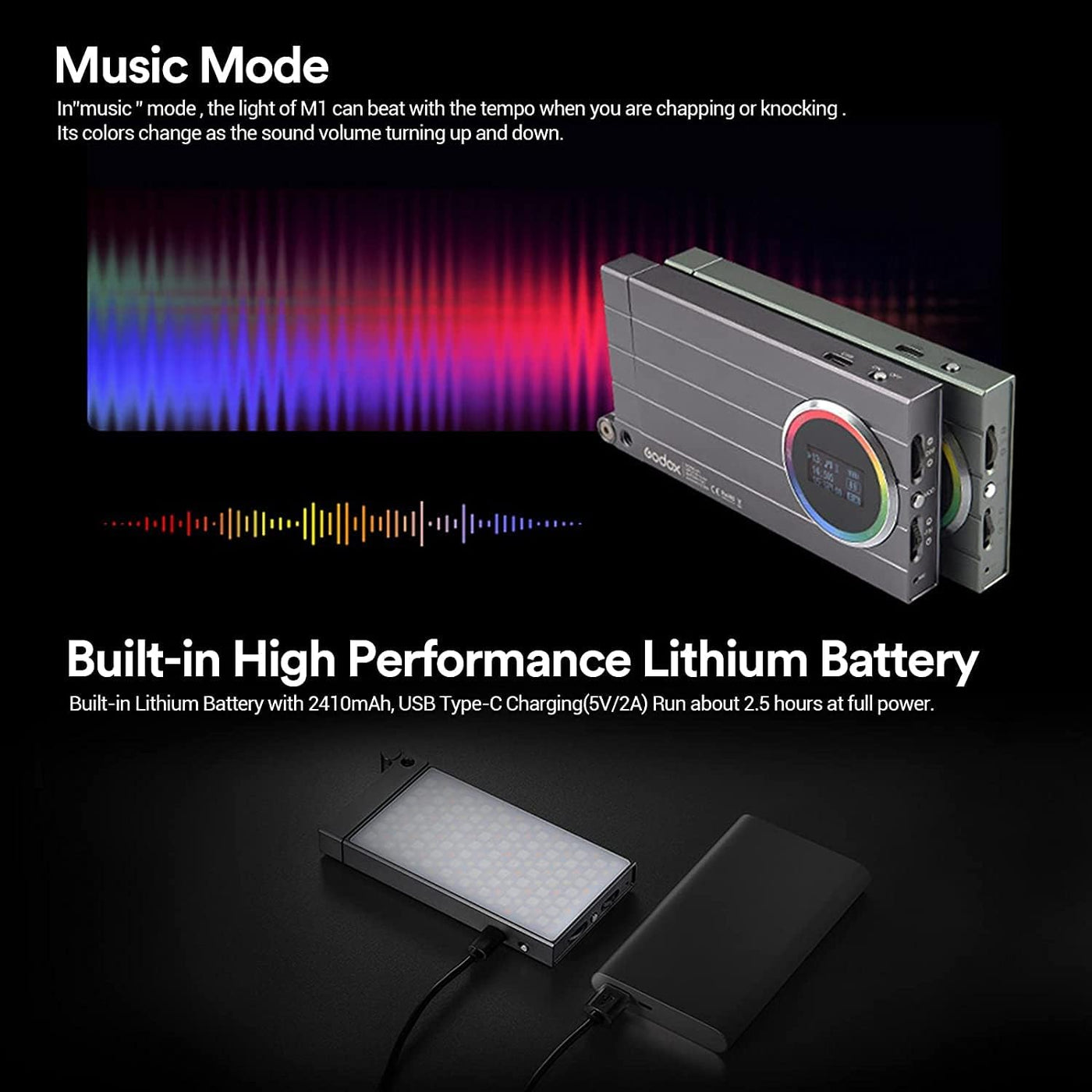 Godox M1 RGB LED Video Light Panel, Pocket Size, Music Mode, 15 FX & CCT Modes