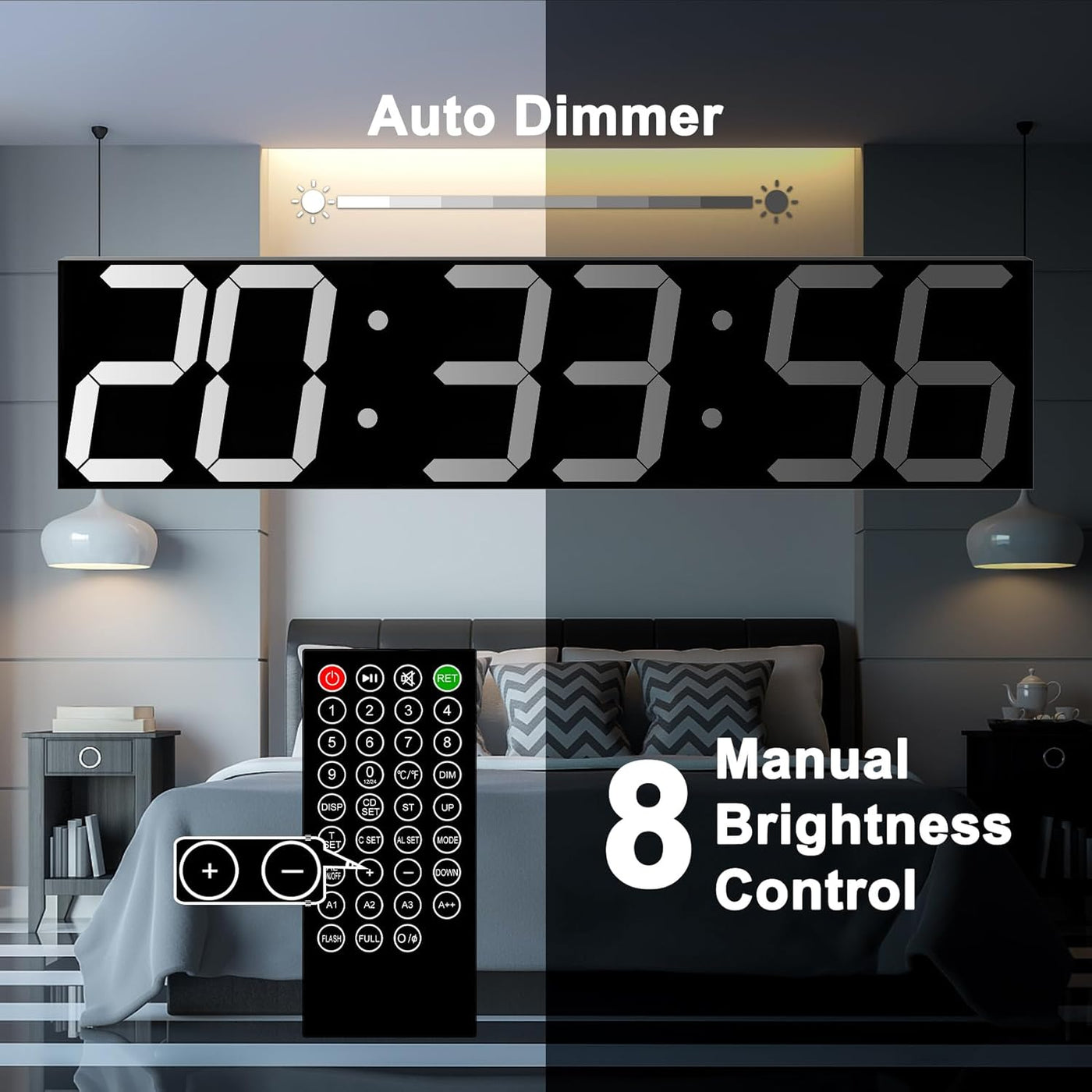 Digital clock with auto dimmer and manual brightness control in a bedroom setting