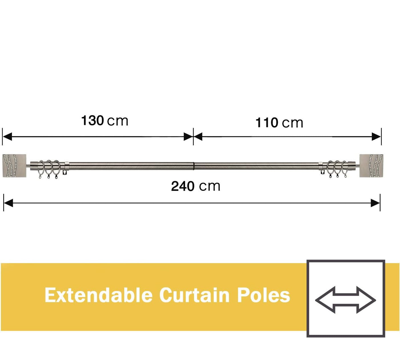 Extendable curtain pole with measurement details on a white background