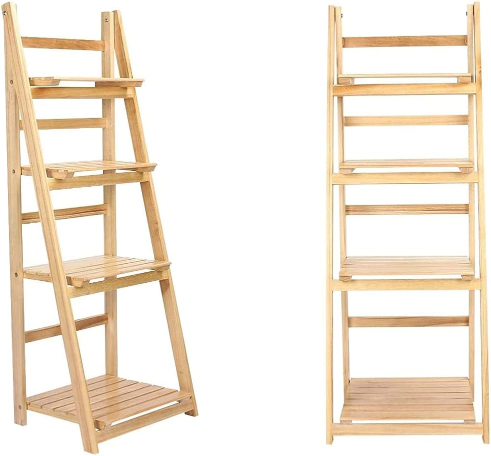 Two wooden ladders with multiple shelves on a white background
