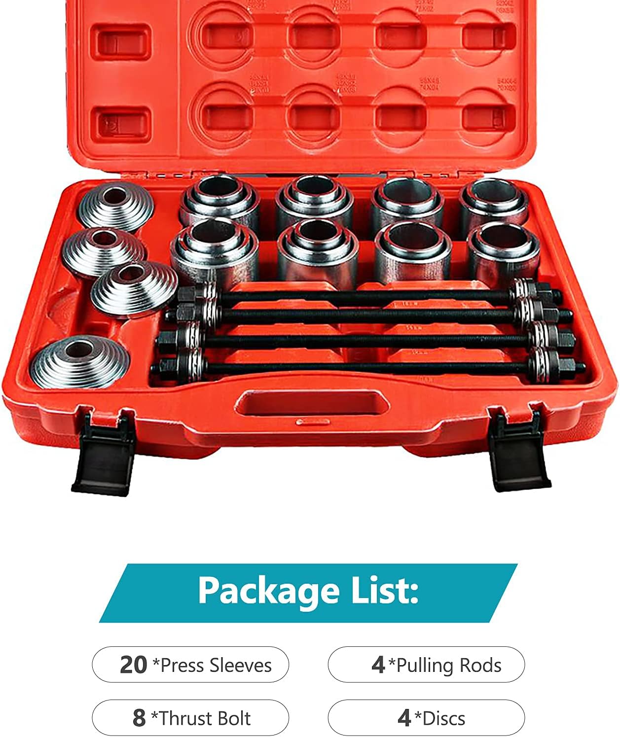 Set of press sleeves, pulling rods, thrust bolts, and discs in an orange tool case with a package list displayed.