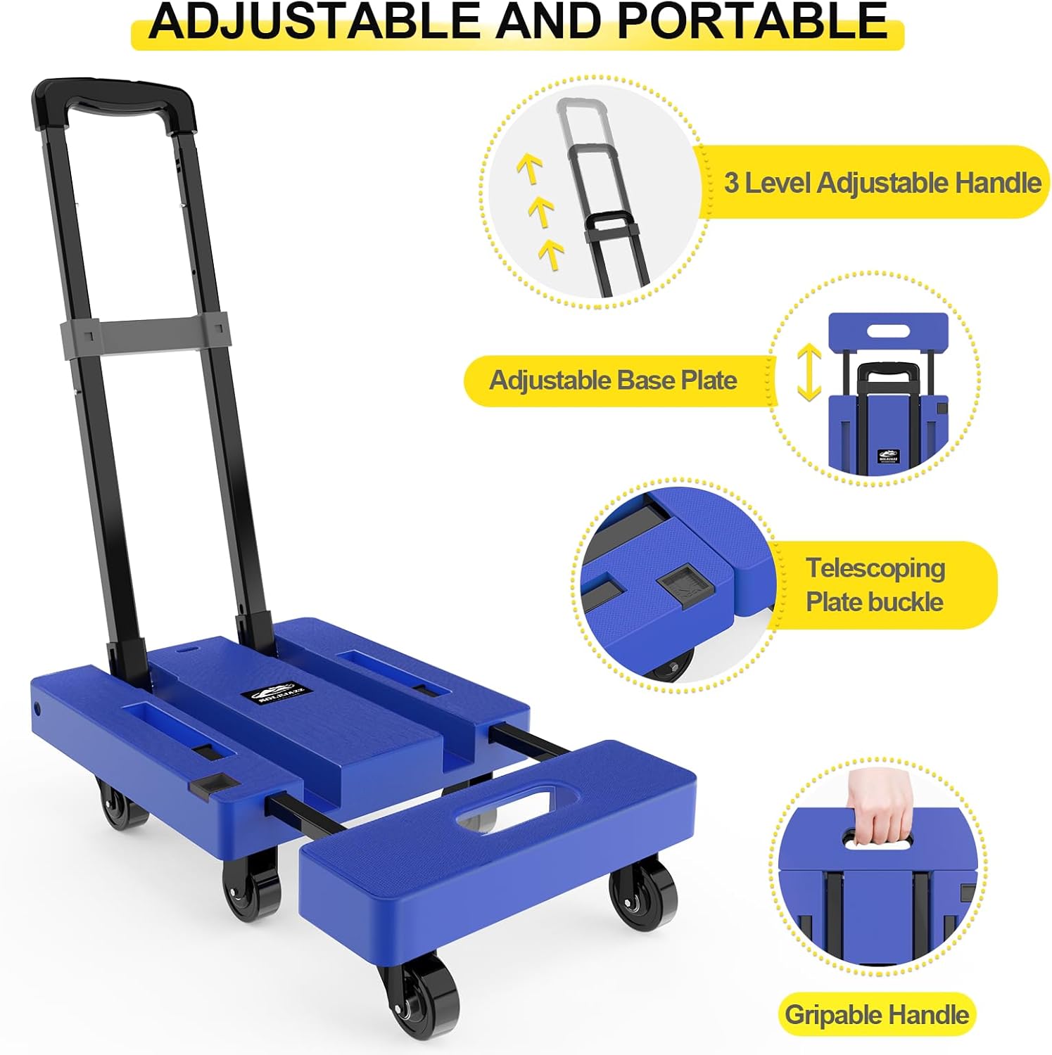 Folding Hand Truck 500LB, 6-Wheel Luggage Cart for Office & Travel SOLEJAZZ