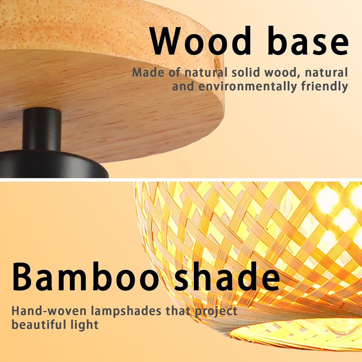 Schindora Bamboo Ceiling Light, Mini Boho Flush Mount Rattan Fixture