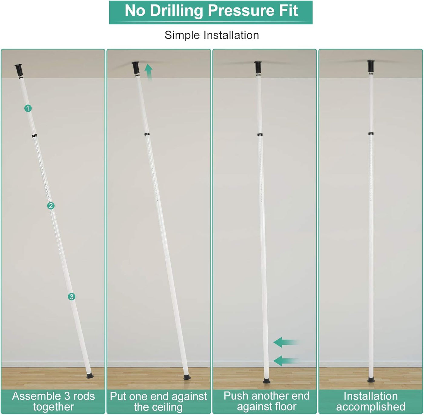 Step-by-step installation guide for a product with no drilling pressure fit.