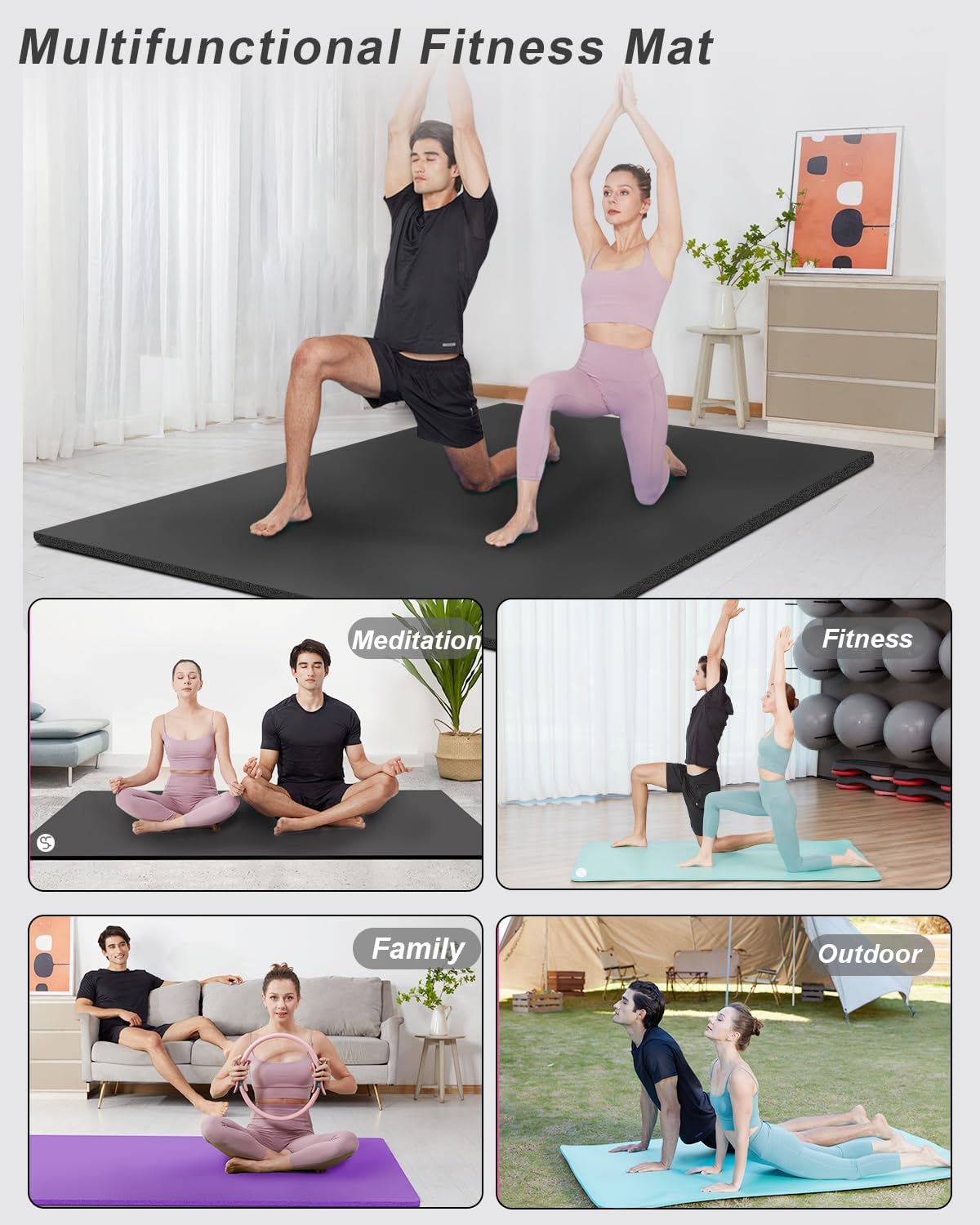 Multifunctional fitness mat being used for various activities including yoga, meditation, and fitness.