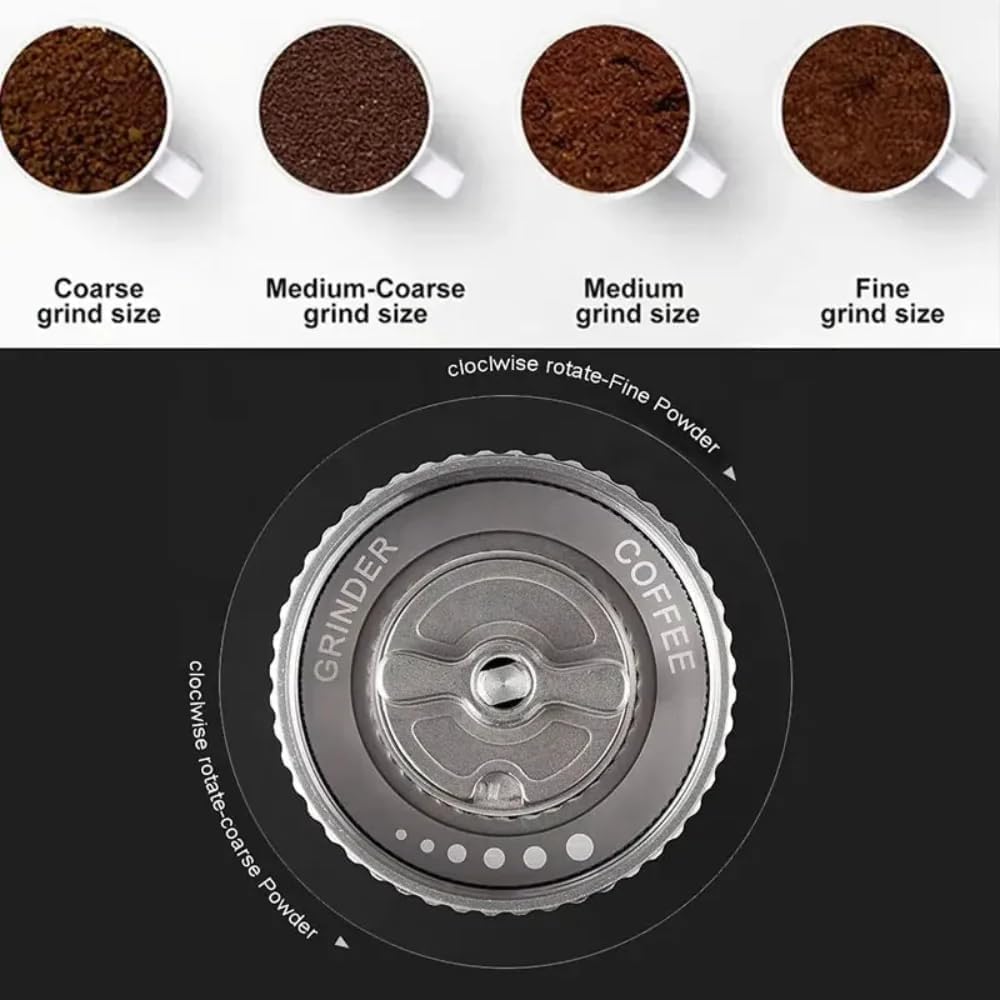 Coffee grinder with different grind size settings shown above it on a white background.