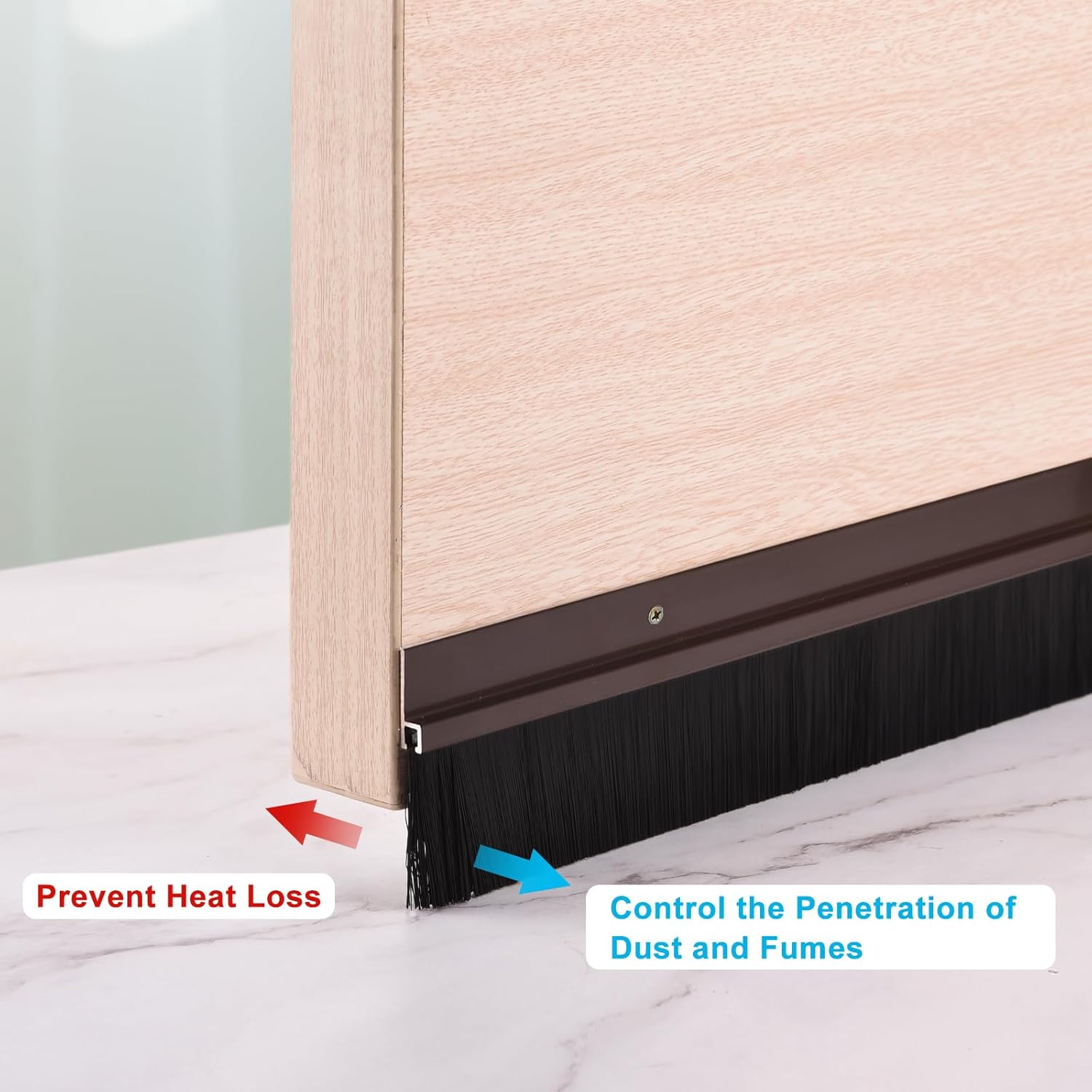 Close-up of a door with a weather stripping strip, showing how it prevents heat loss and controls dust and fumes.