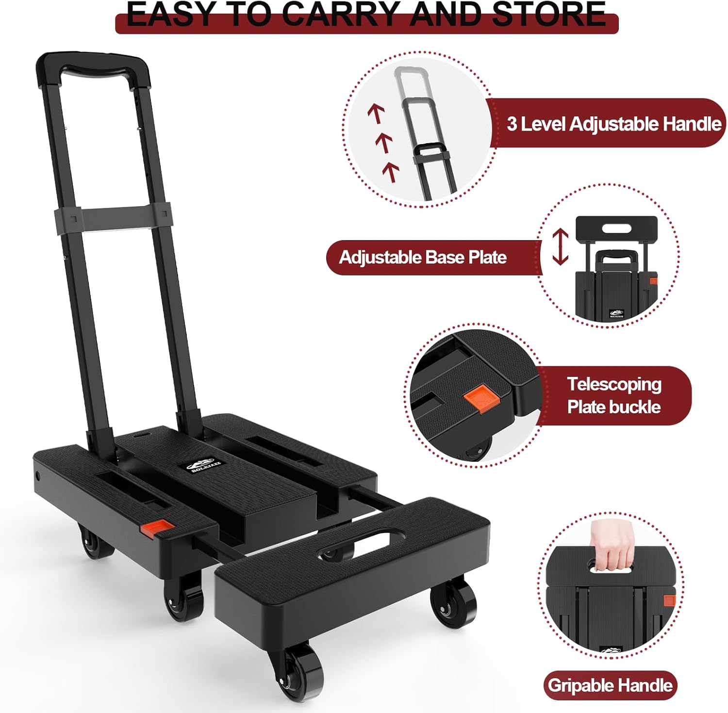 SOLEJAZZ Folding Hand Truck 230KG, 6-Wheel Portable Dolly with Bungee Cords