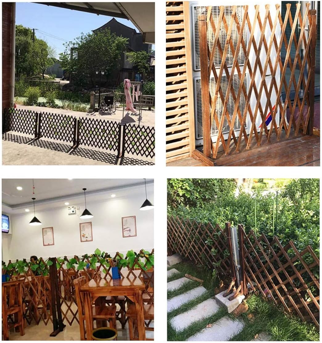 Collage of wooden lattice panels used as outdoor privacy screens in various settings.