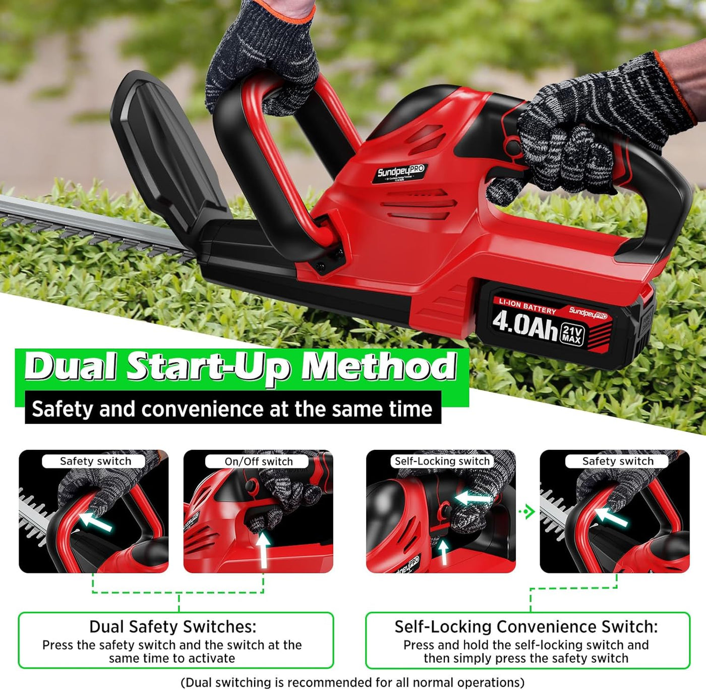 Red and black power tool with safety features highlighted on a green outdoor background