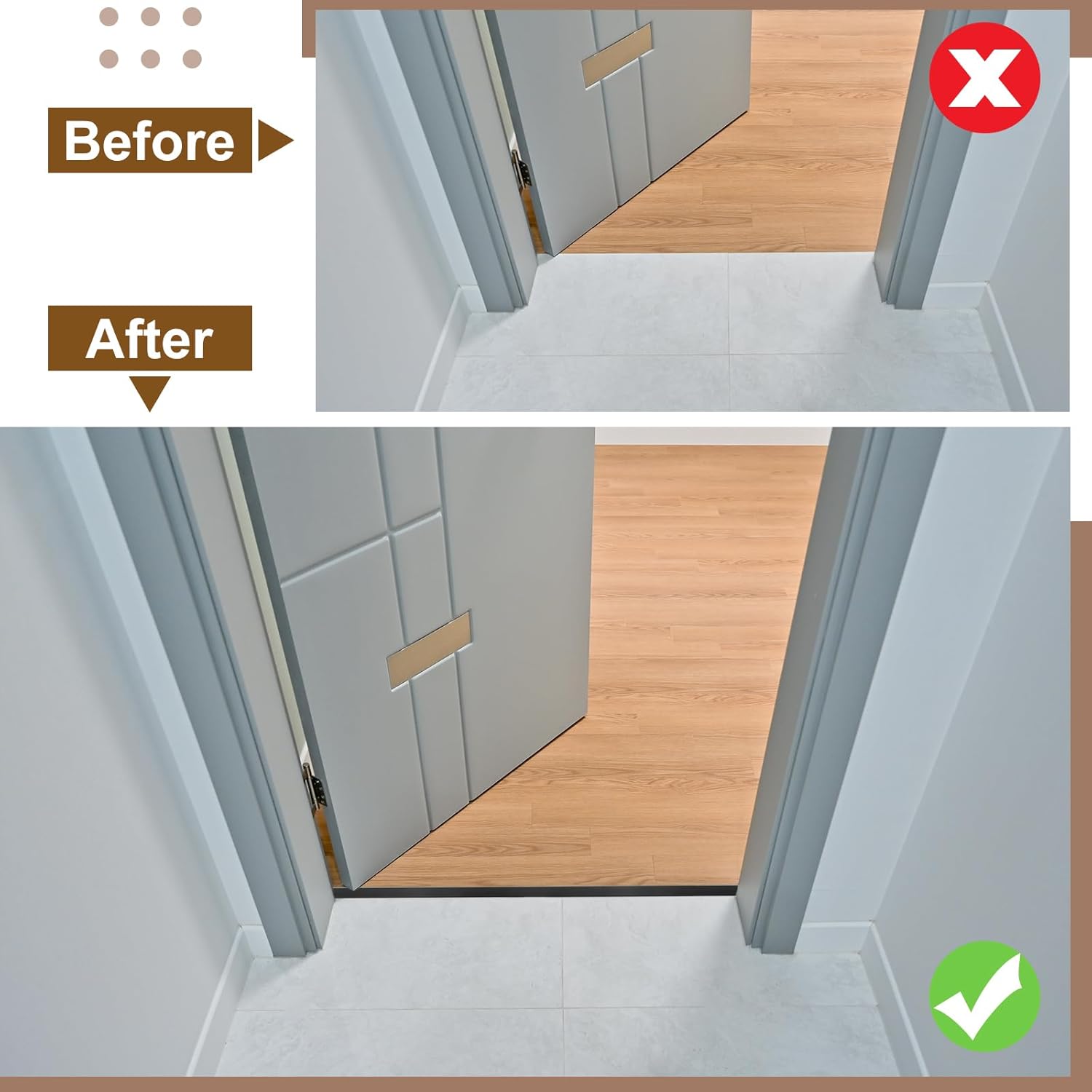 Before and after comparison of a door frame with a green check mark indicating improvement.