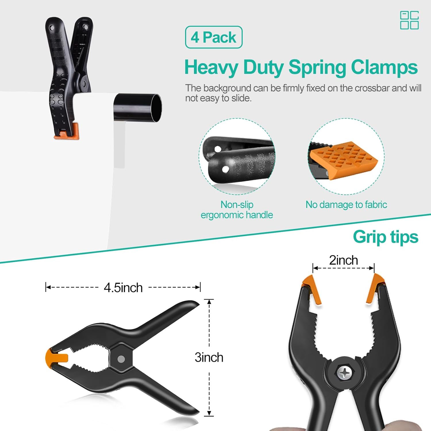 Heavy-duty spring clamps with measurements and features on a white background