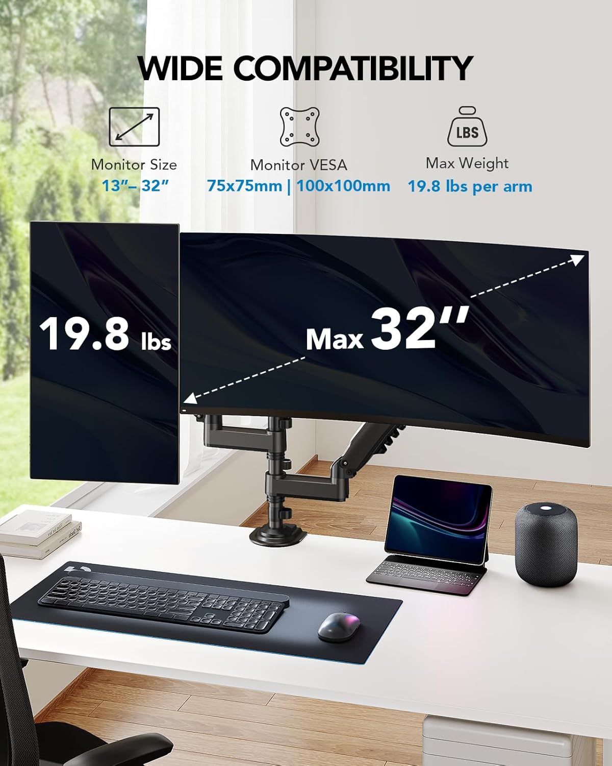 HUANUO Taller Dual Monitor Stand For 13–32" Screens, Long Arms, VESA 75/100mm
