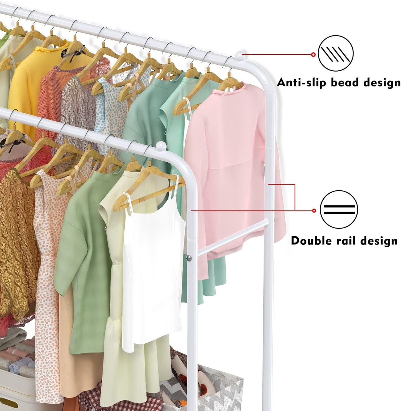 Clothing rack with clothes and highlighted features on a white background
