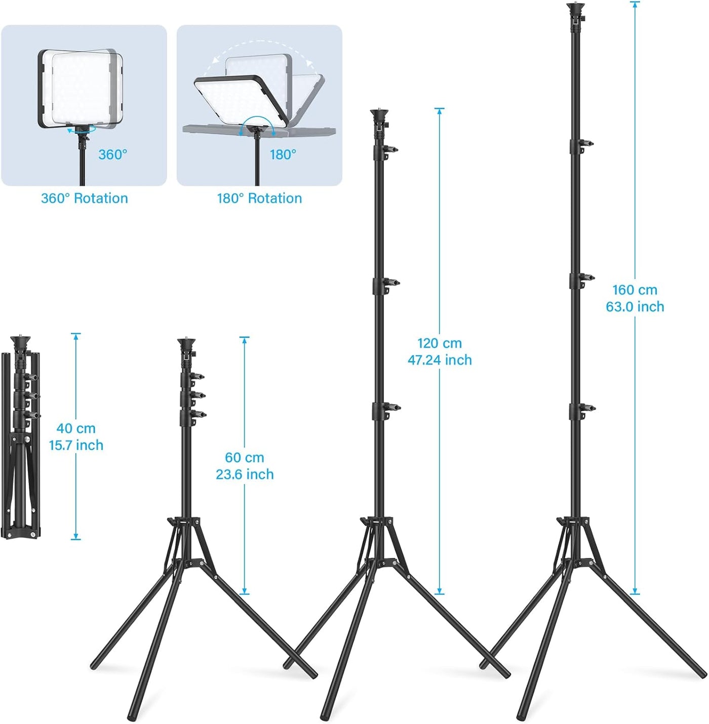 Light stand with dimensions and features on a white background