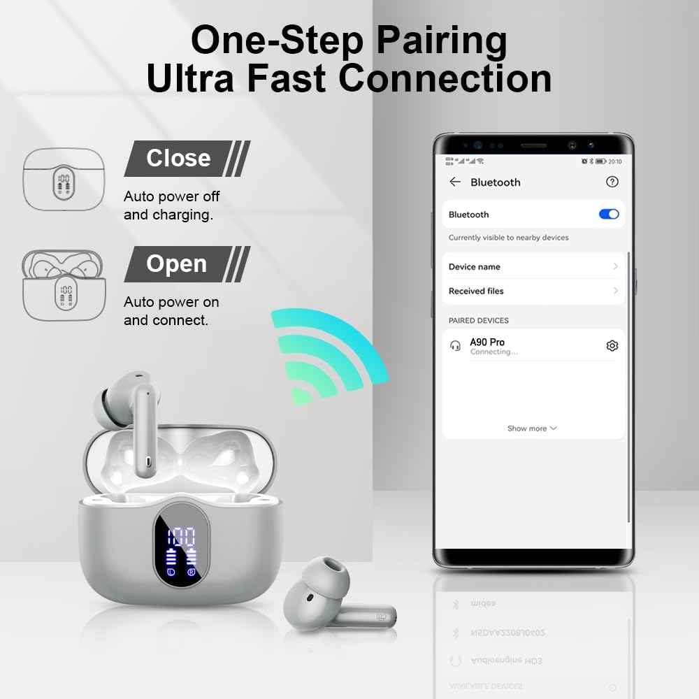 Wireless earbuds with charging case and smartphone showing Bluetooth connection on a white background