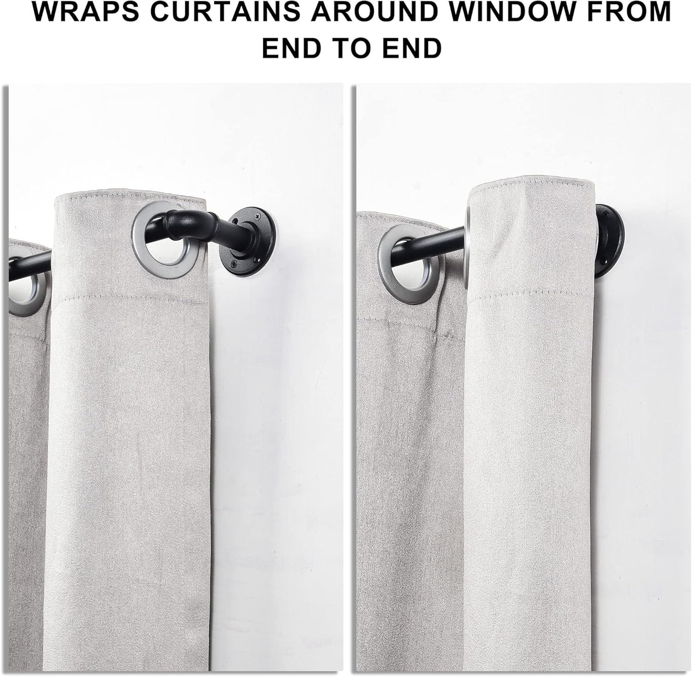 Curtains wrapped around a window rod with text indicating full coverage.