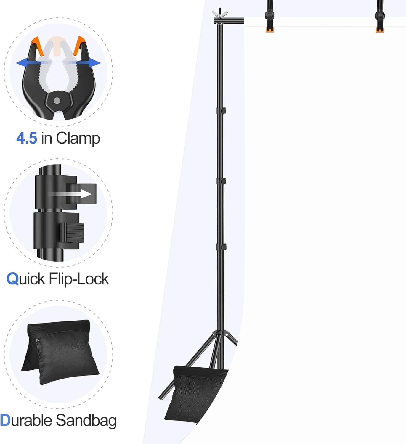 Photography backdrop stand with features highlighted on a white background