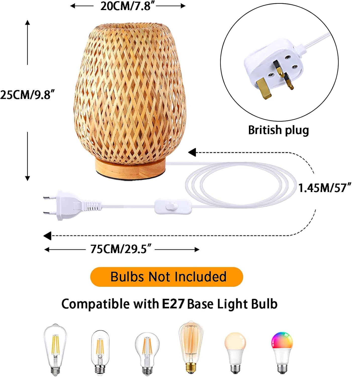Schindora Boho Bamboo Table Lamp – Handmade Wicker Bedside Light
