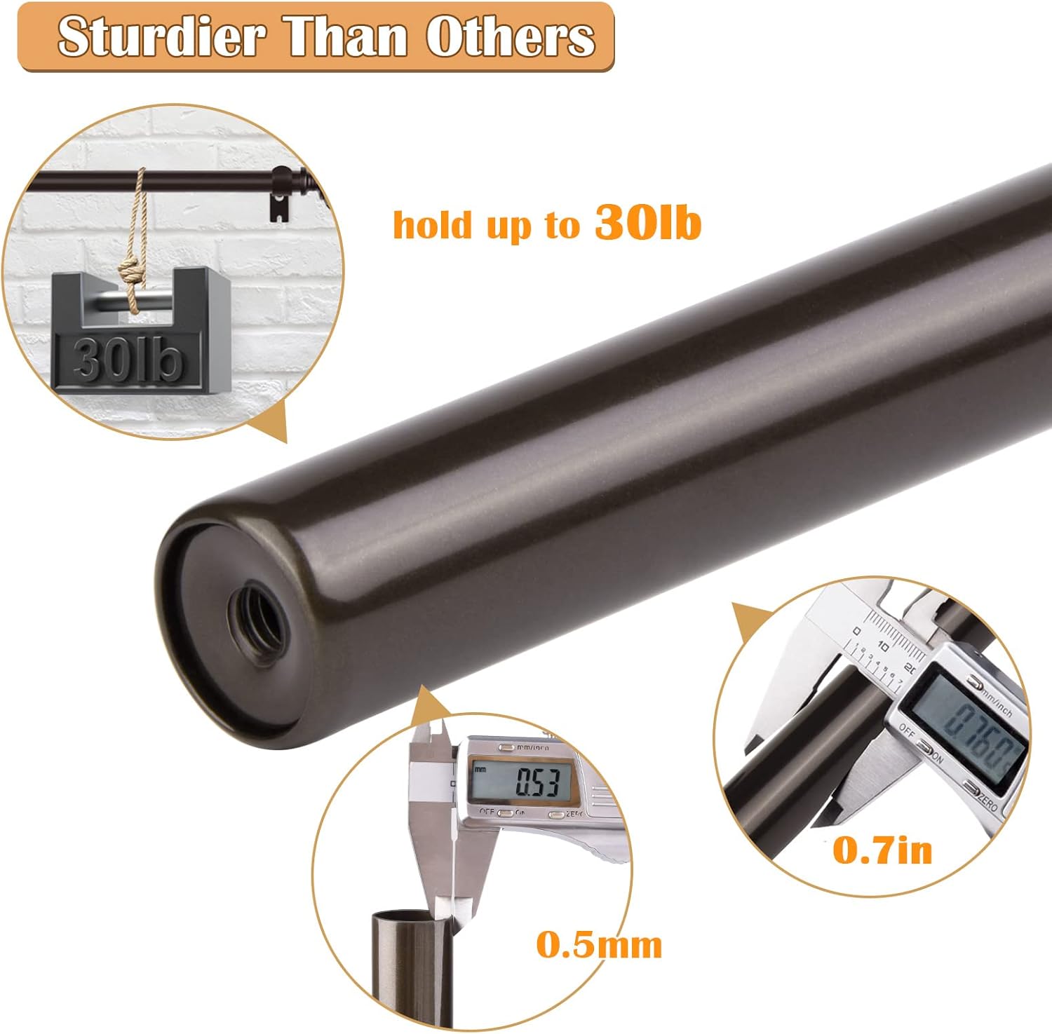 3pcs SZXIMU Curtain Pole 182-365cm (72-144''), Extendable, Netted Finials, Brown