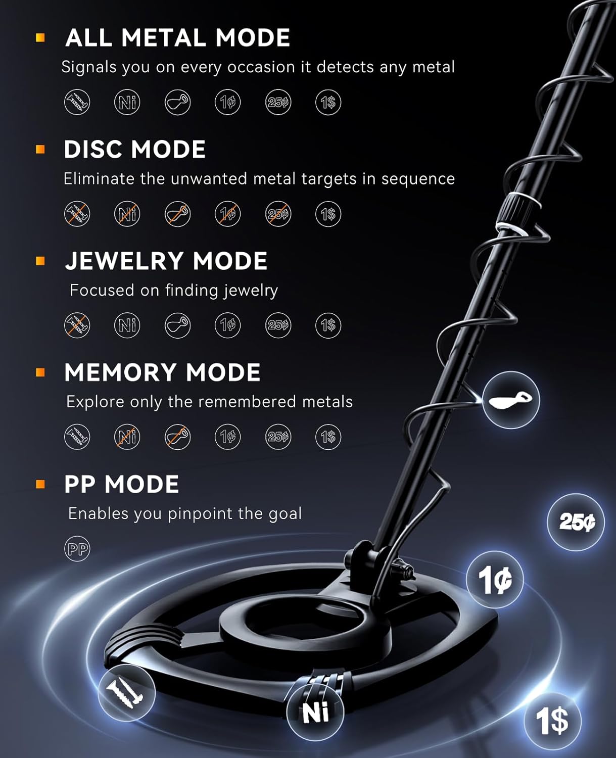 Metal detector with mode settings on a black background