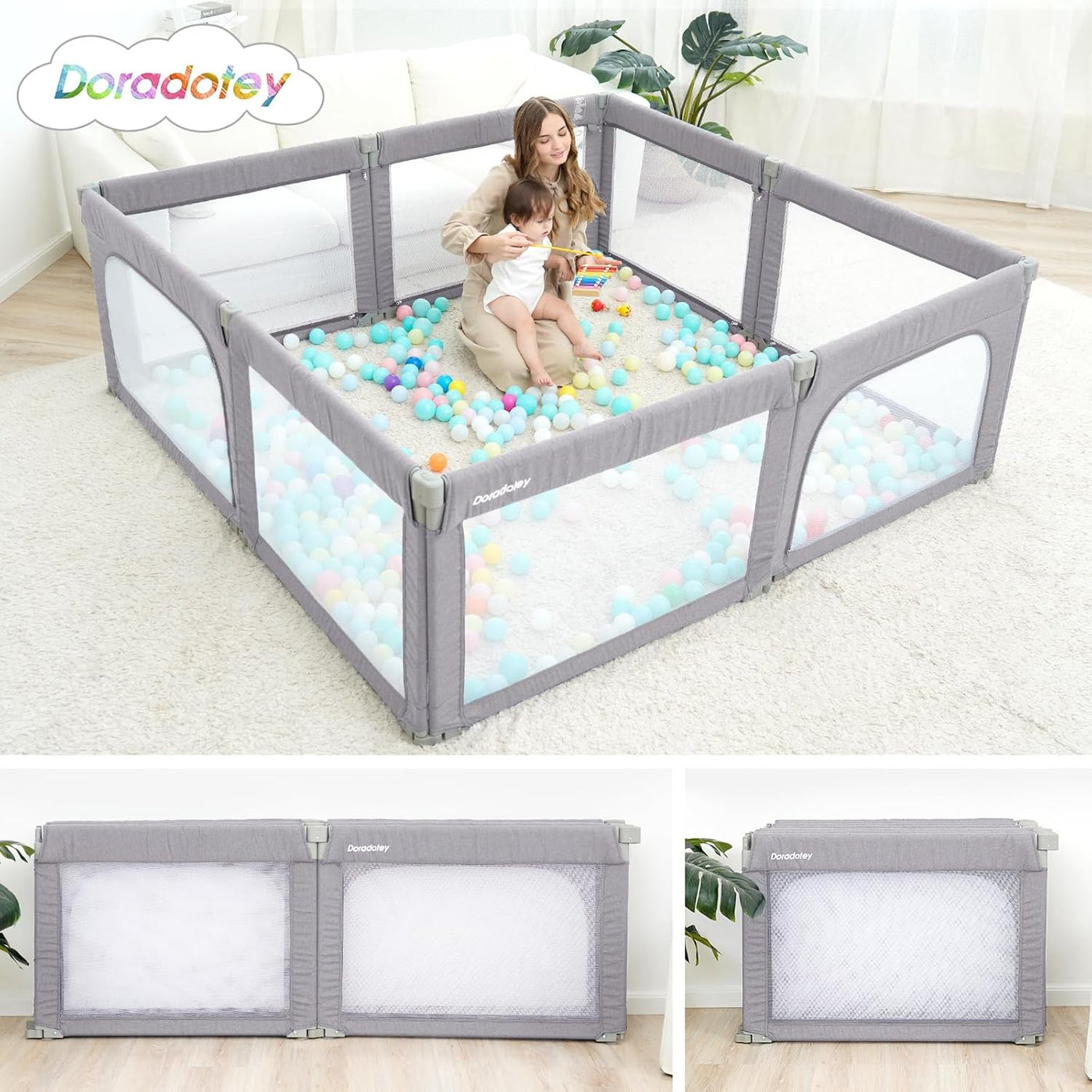 Baby Playpen 180x200cm, Foldable Safety Gate, Adjustable Indoor Play Yard