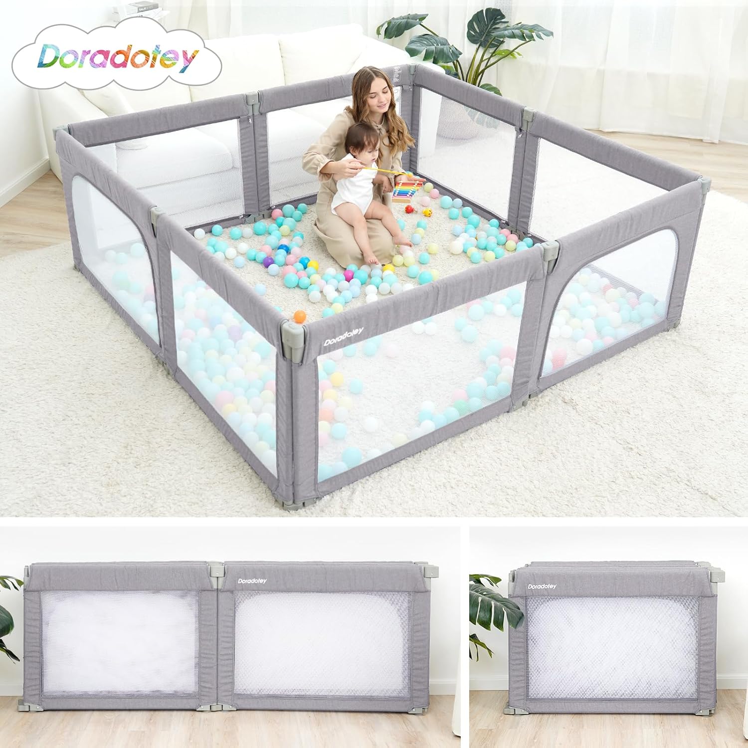 Baby Playpen 180x200cm, Foldable Safety Gate, Adjustable Indoor Play Yard