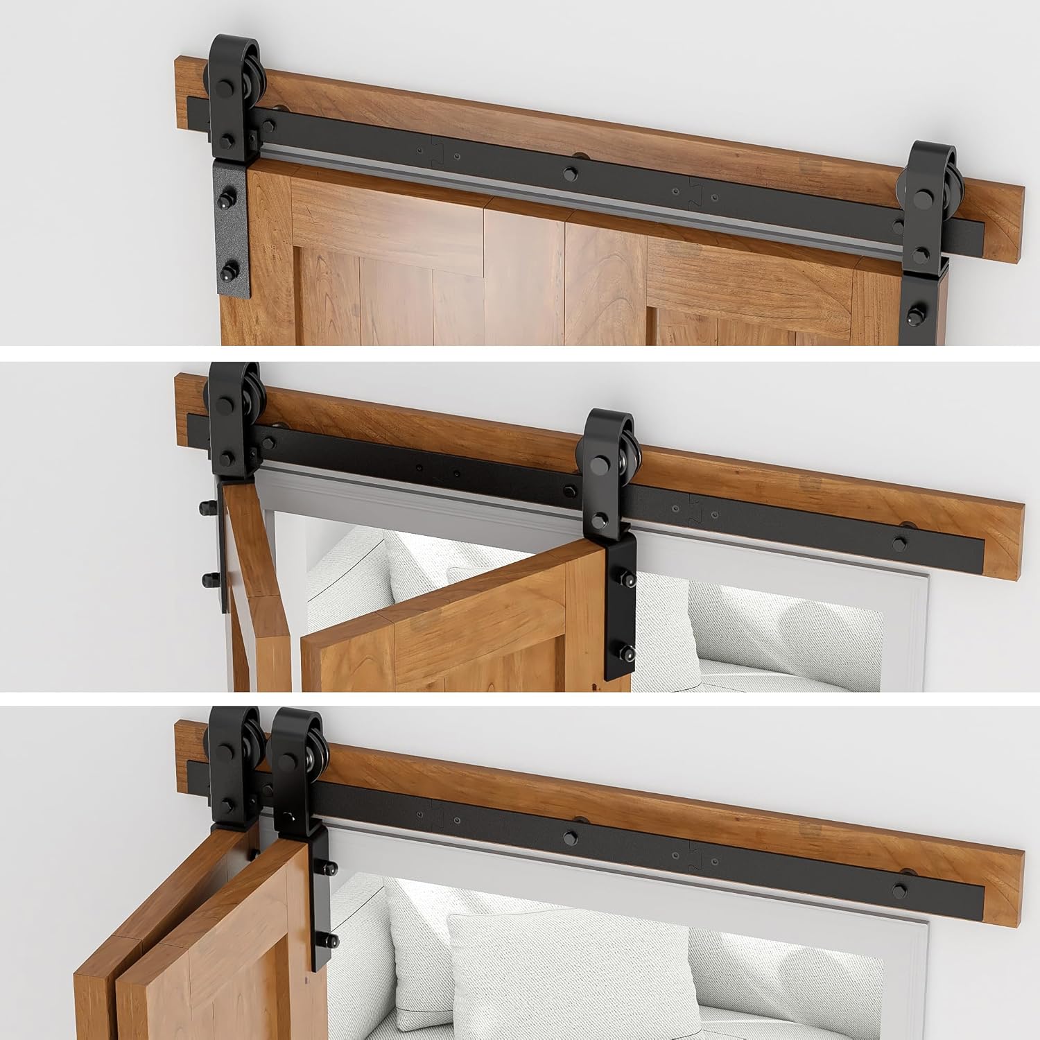 Wooden sliding door system with black hardware on a white background