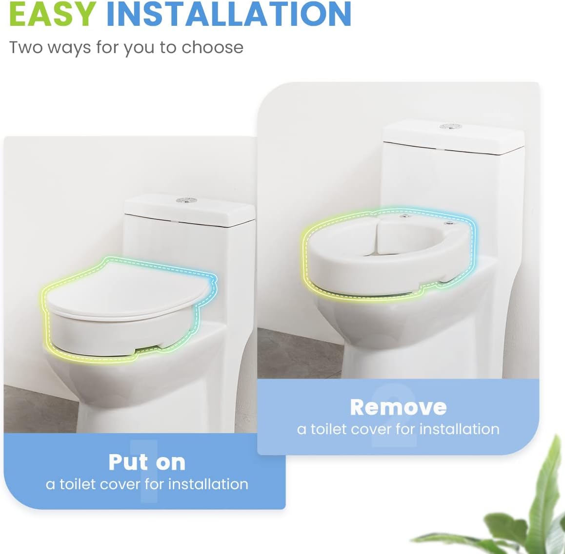 Advertisement for toilet seat cover installation with text and diagram on a white background