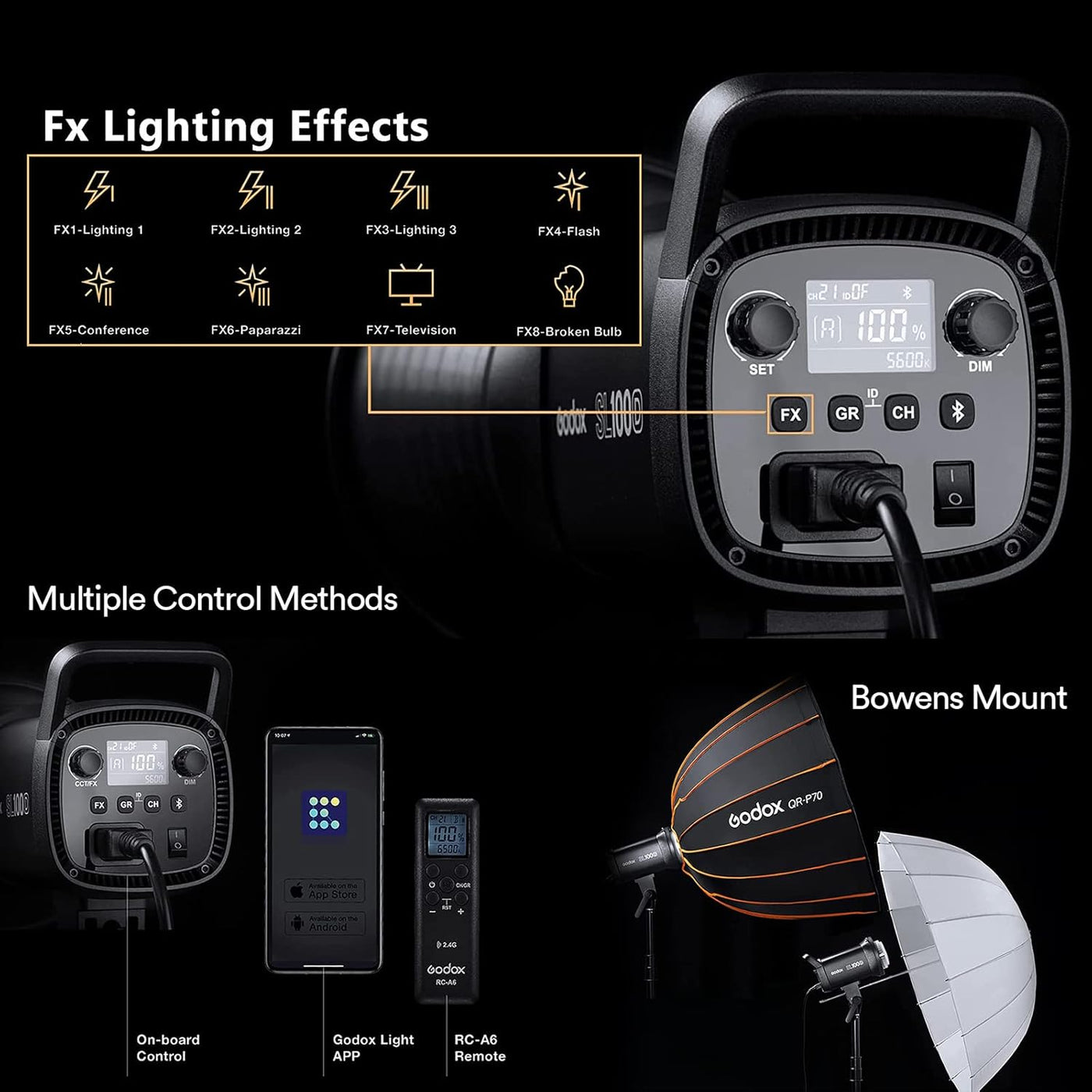 Godox SL100D 100W LED Video Light, 5600K, CRI96, Bowens Mount, 8 FX Effects