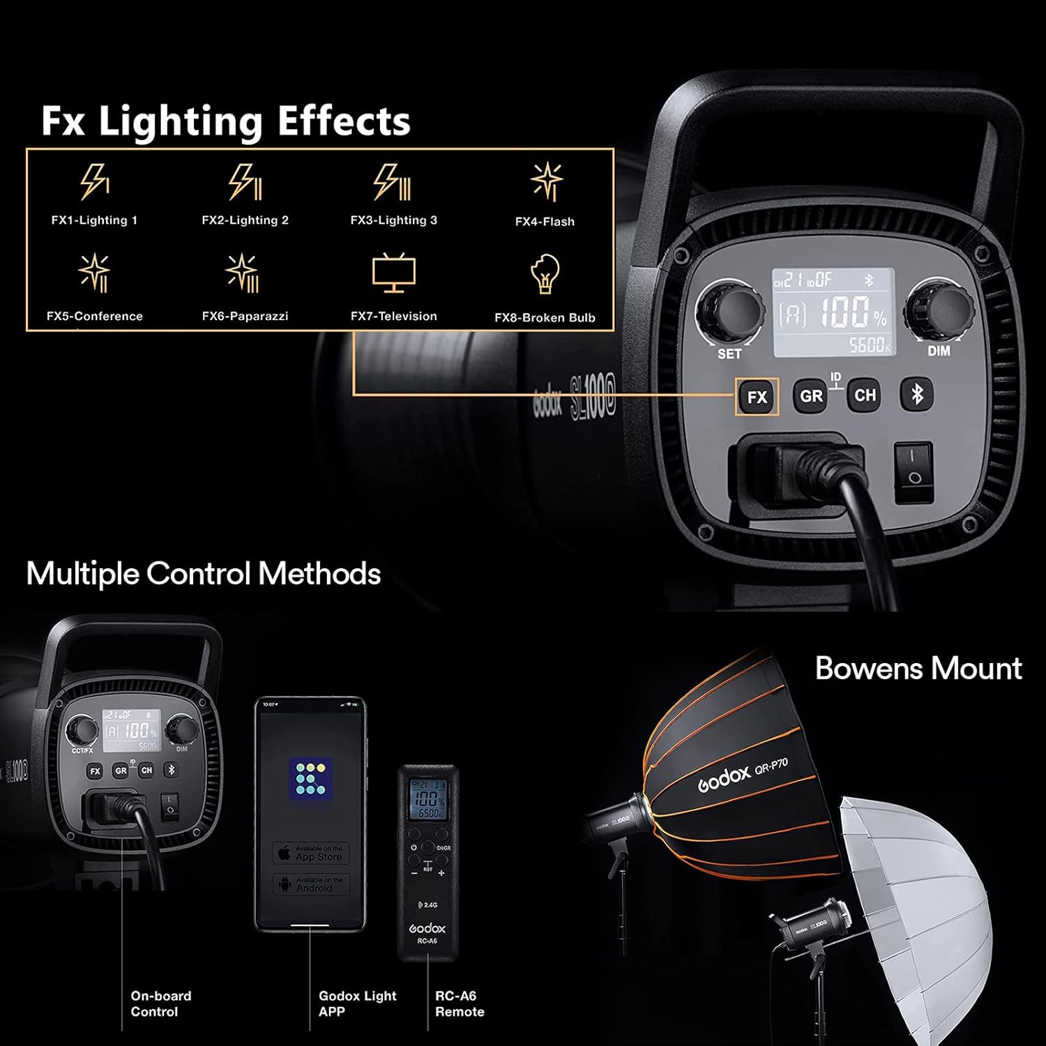Godox SL100D 100W LED Video Light, 5600K, CRI96, Bowens Mount, 8 FX Effects