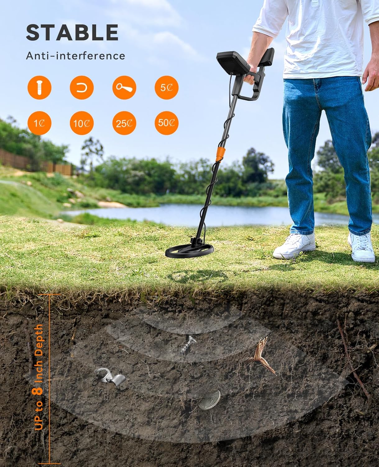Person using a metal detector on grass with an illustration of underground objects and stability indicators.