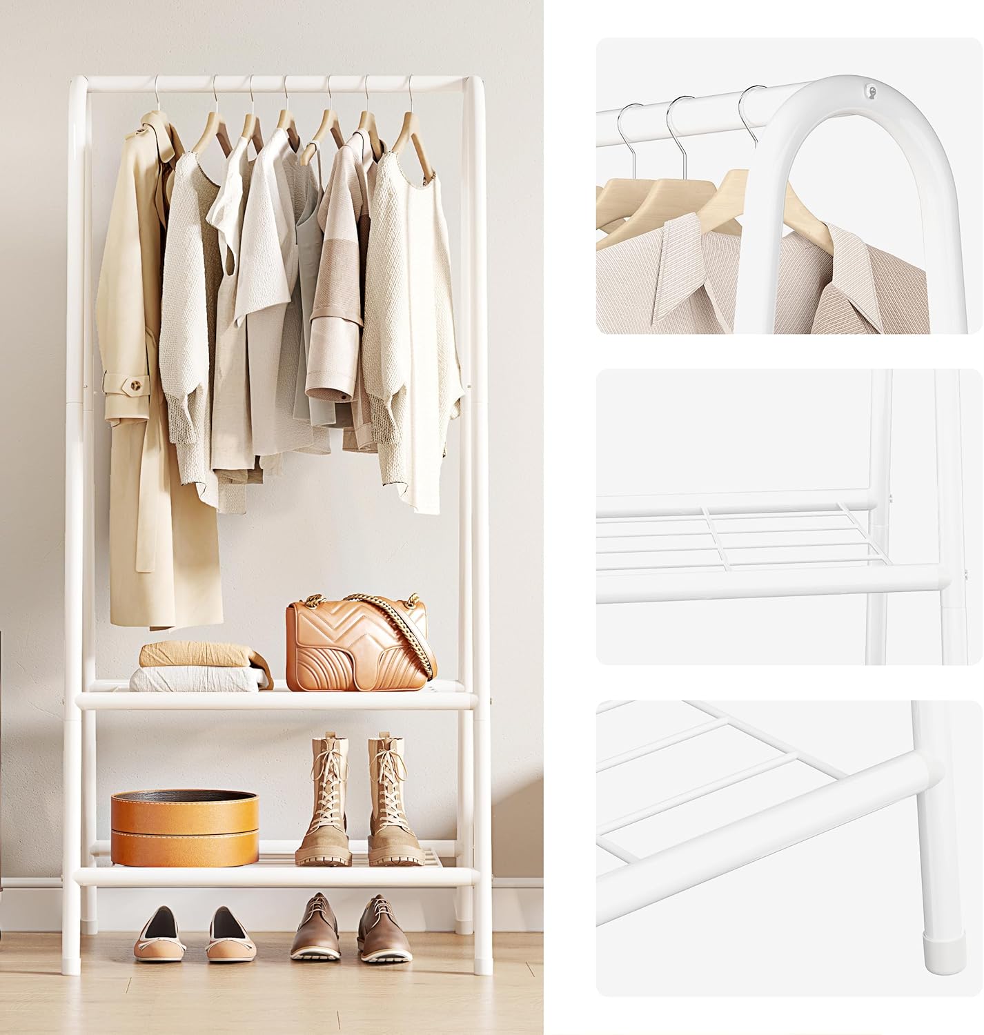 Metal Clothes Rail with 2 Shelves 62 Inch Sturdy Steel Pipe Storage Rack Joiscope