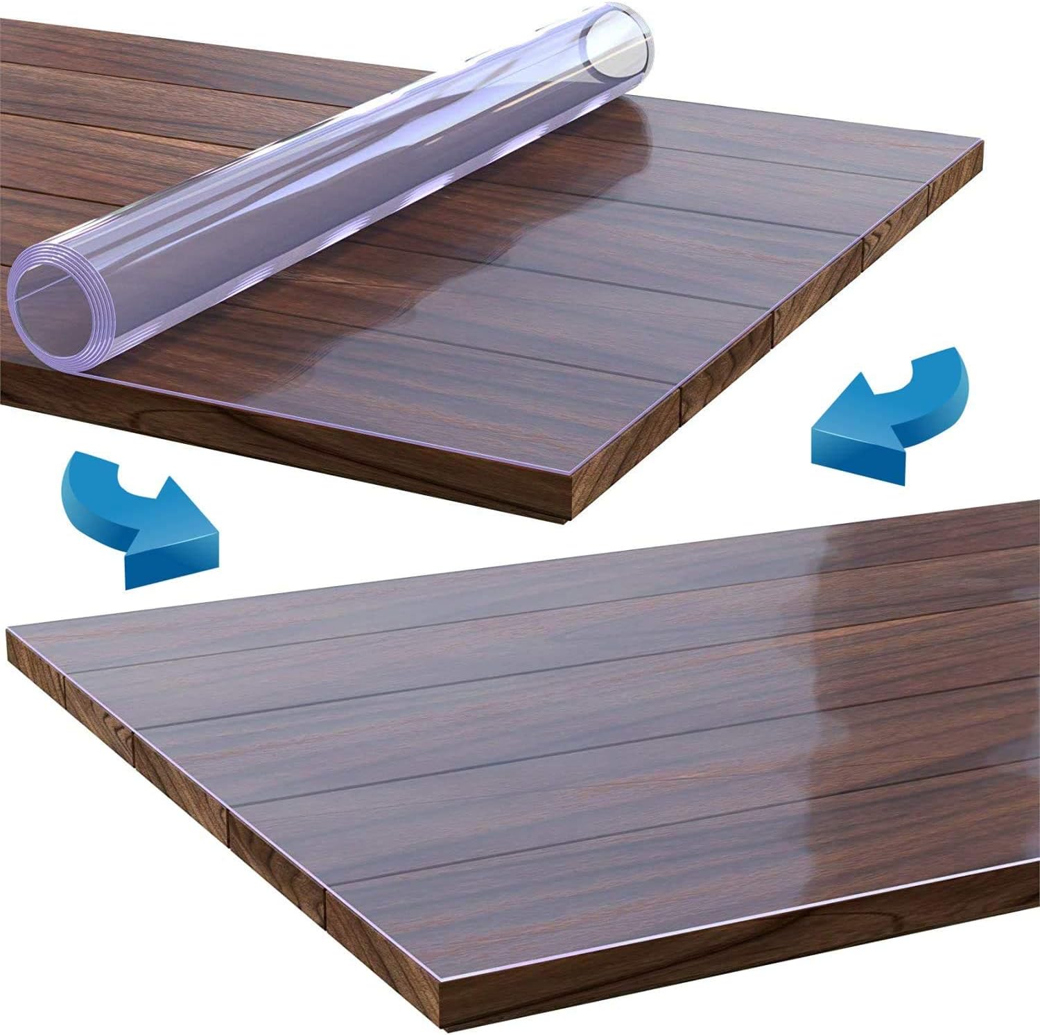 Transparent protective film being applied to a wooden surface with blue arrows indicating the process.