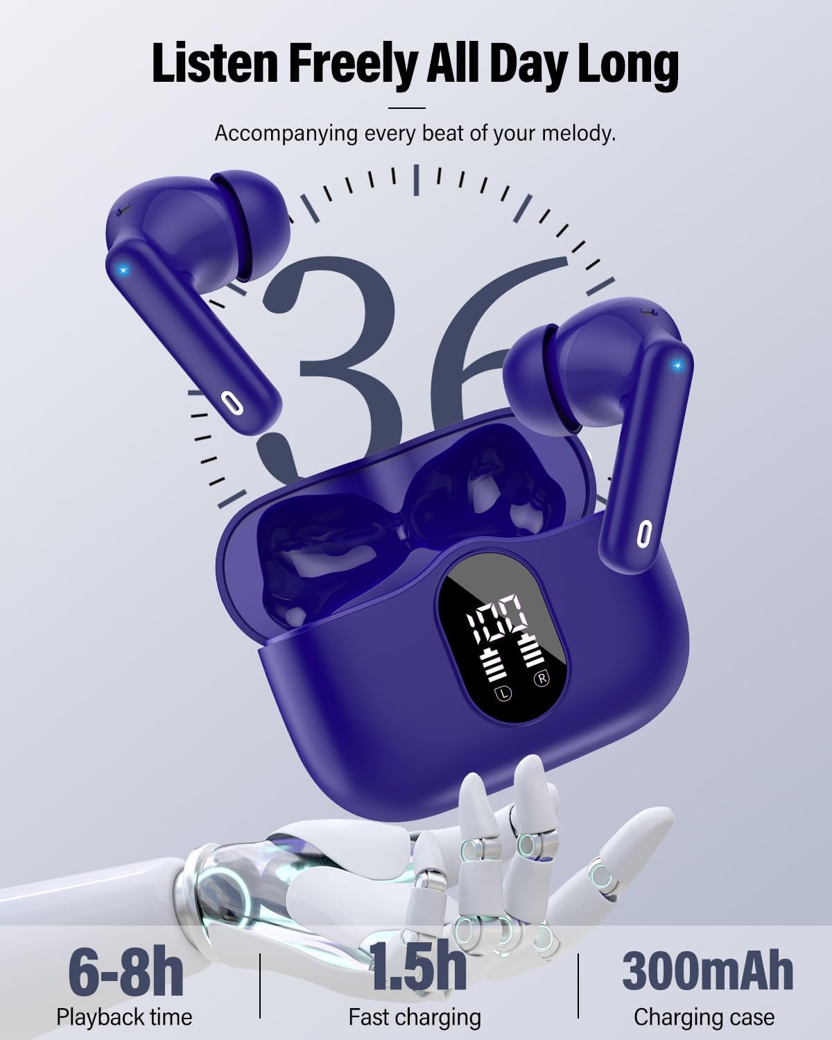 Purple wireless earbuds with charging case on a light gray background