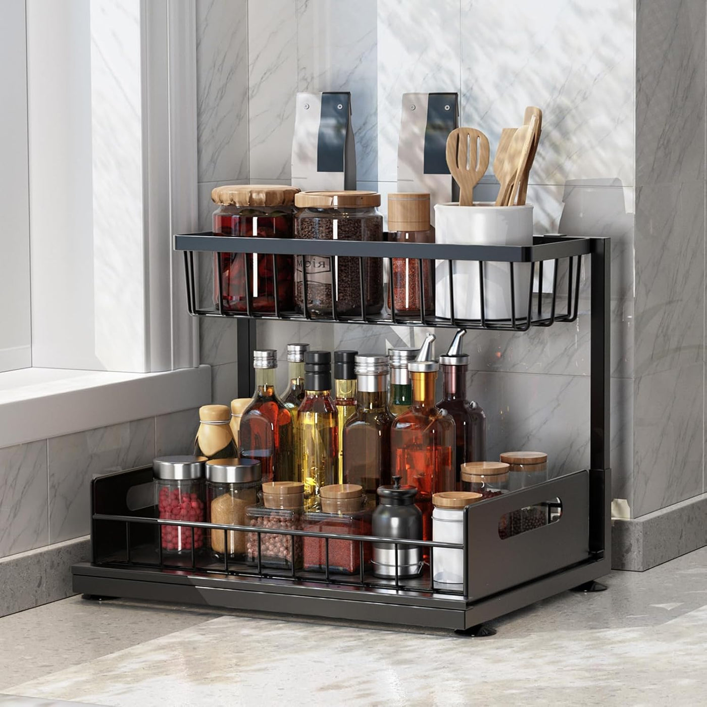 2-Tier Metal Under Sink Storage Organizer with Sliding Drawer & Suction Cups