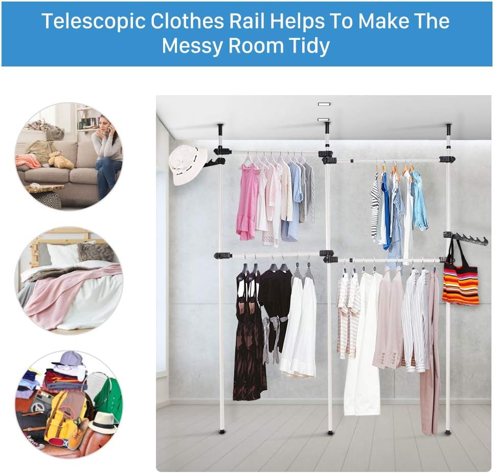 Heavy Duty Telescopic Clothes Rack Adjustable Stainless Steel Wardrobe Organizer