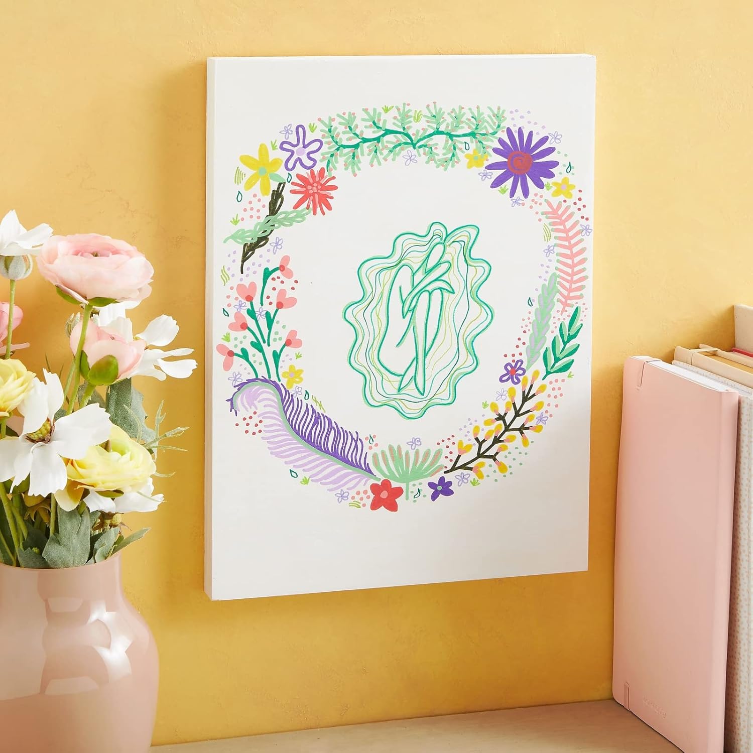 Decorative wall art with floral and nature-themed design on a yellow wall.