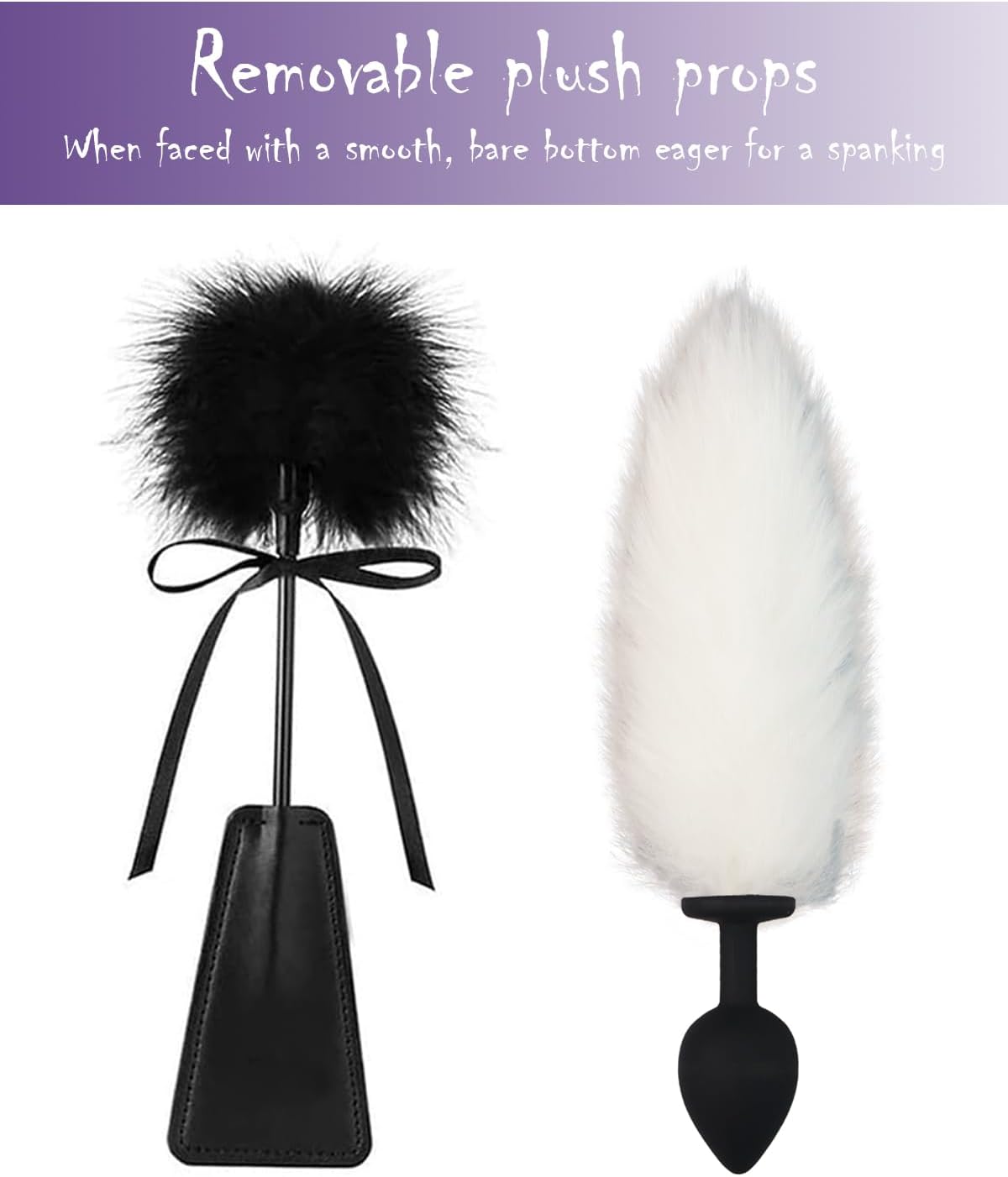 Two plumage props with black and white feathers on a purple background