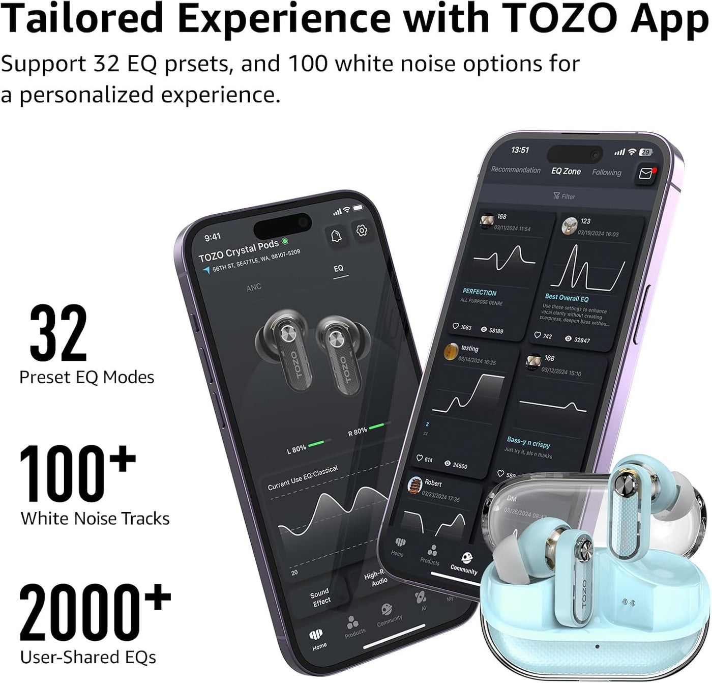 Two smartphones displaying the TOZO app with earbuds and text about EQ presets and white noise options.