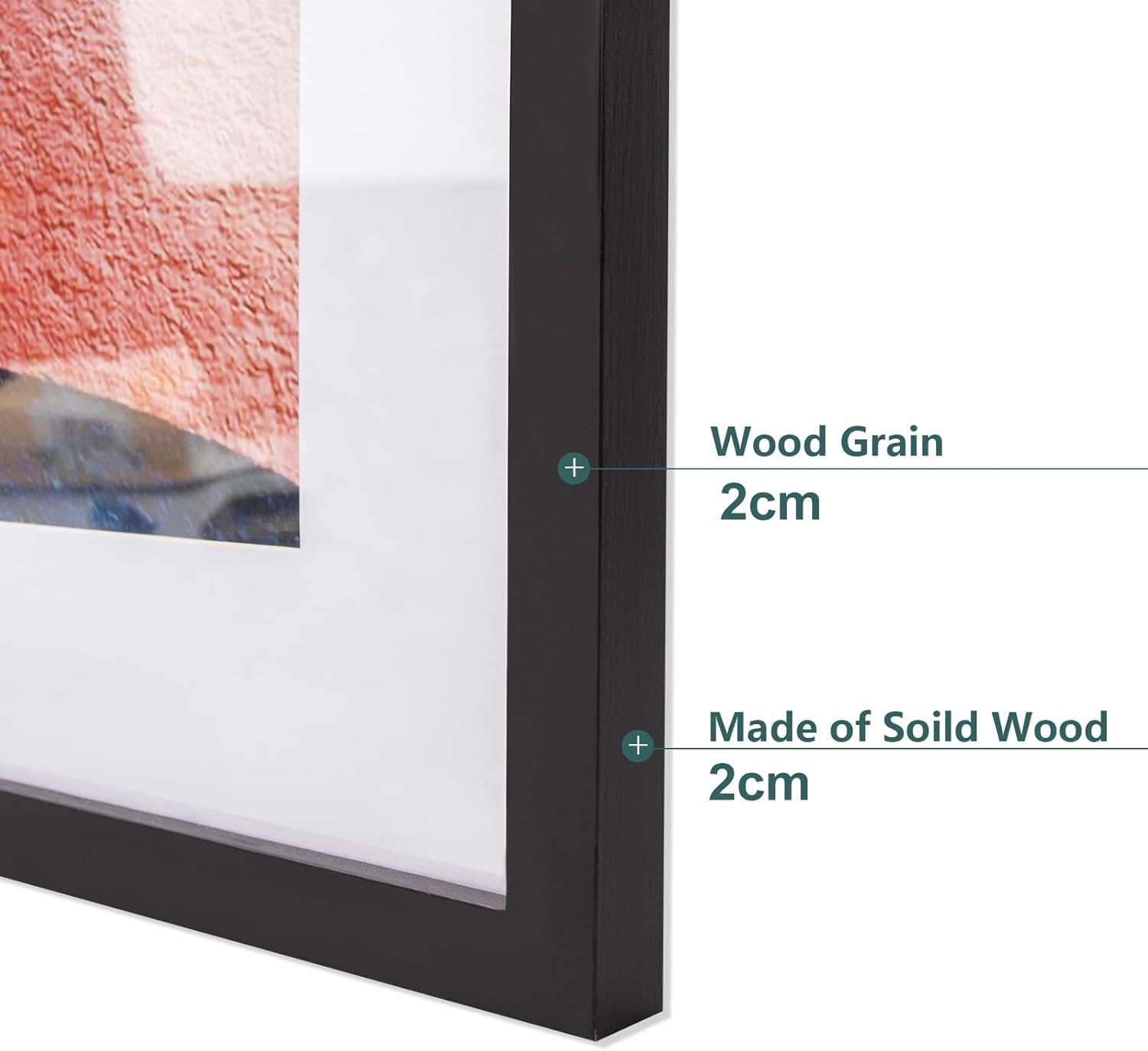 Close-up of a black frame with text indicating wood grain and solid wood construction.