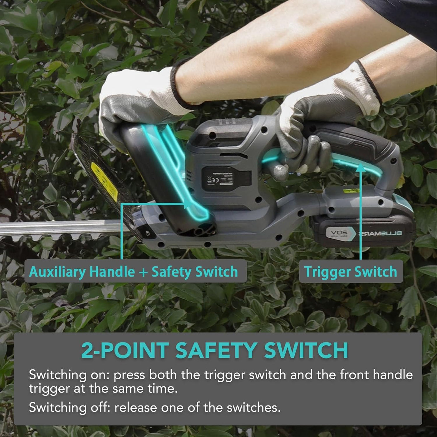 Person using a cordless hedge trimmer with labeled safety switches against a green leafy background.