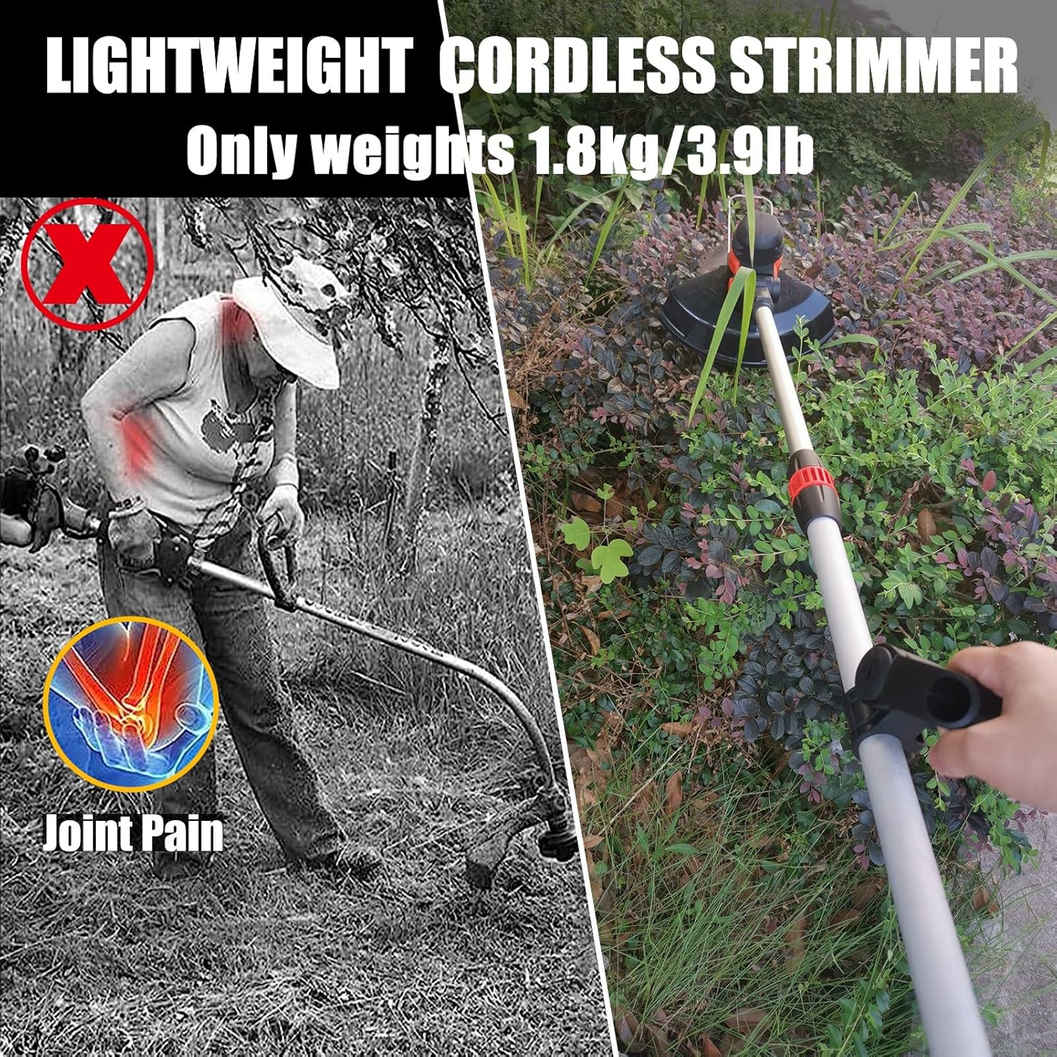Lightweight cordless strimmer being used to trim grass, with a comparison of joint pain from manual labor.
