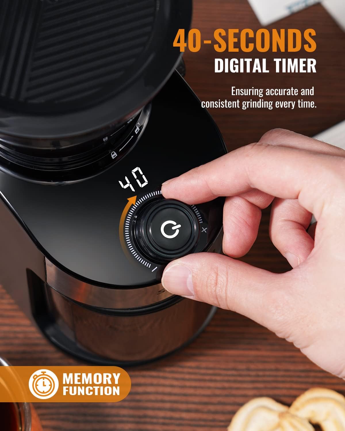 Hand setting a digital timer on a coffee grinder with text about a 40-second digital timer.