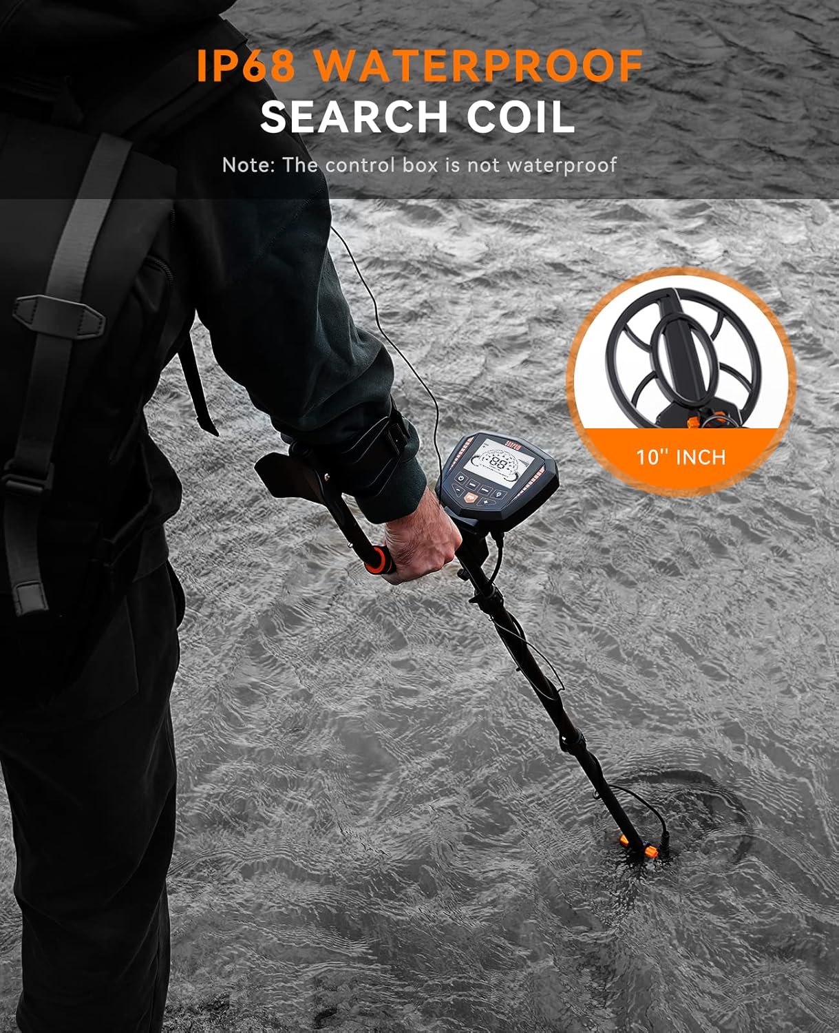 Person using a metal detector with an IP68 waterproof search coil on sandy ground.