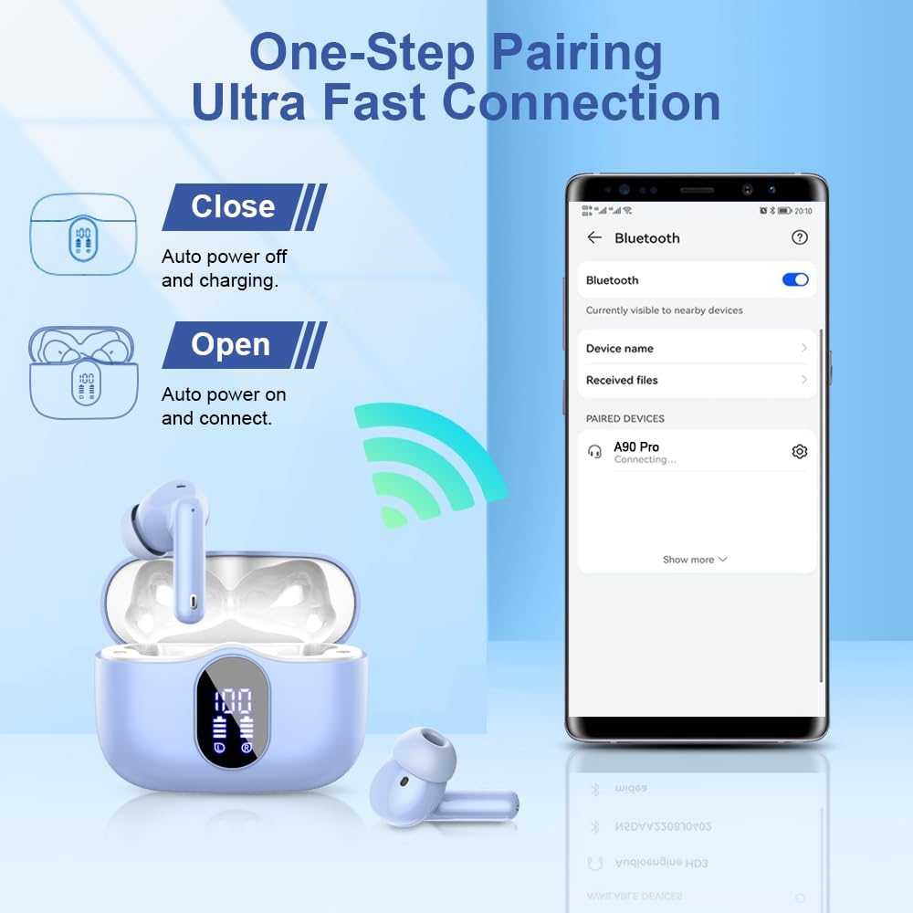 Wireless earbuds with charging case and smartphone showing Bluetooth connection on a blue background
