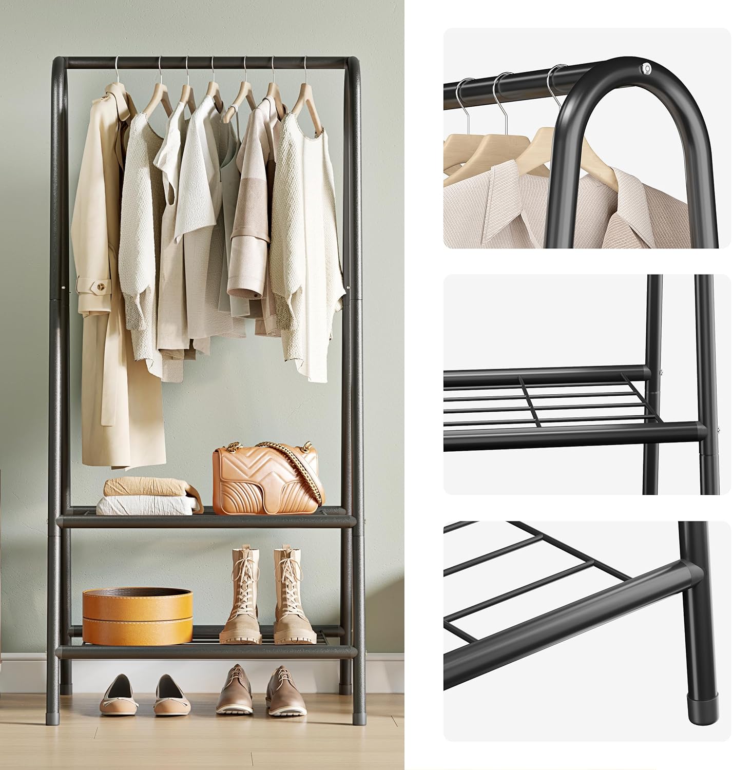 JOISCOPE Metal Clothes Rail with 2 Shelves, 62 Inch Sturdy Steel Pipe, Black
